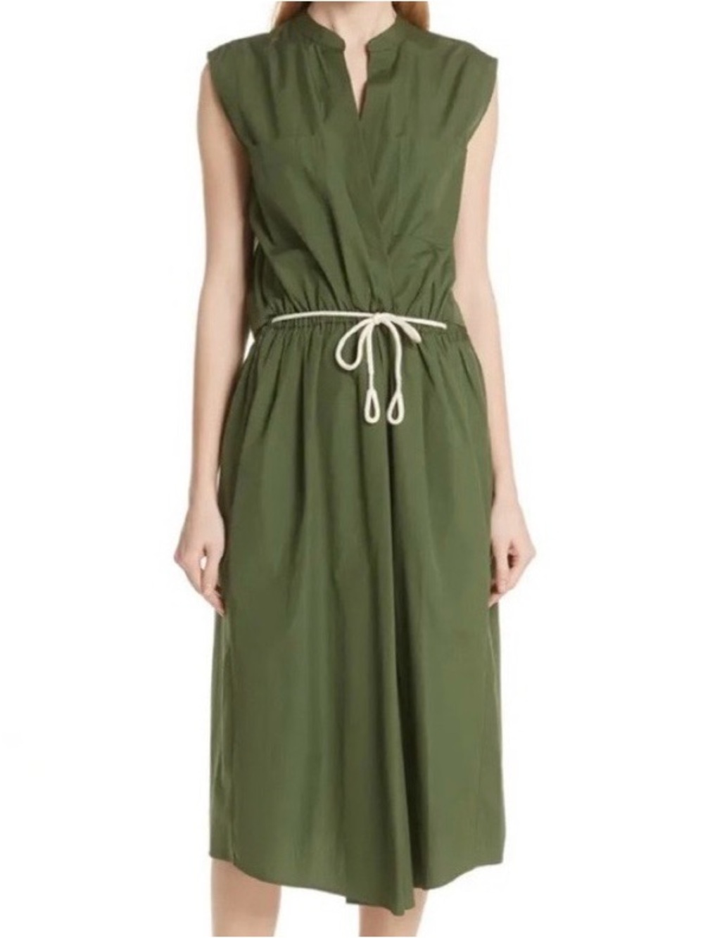 Vince Olive Green Sleeveless Drawstring Midi Dress